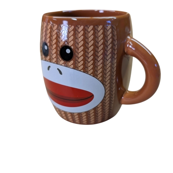 Sock Monkey Face Mug Double Handle Brown Red White 4" Tall - Picture 3 of 11